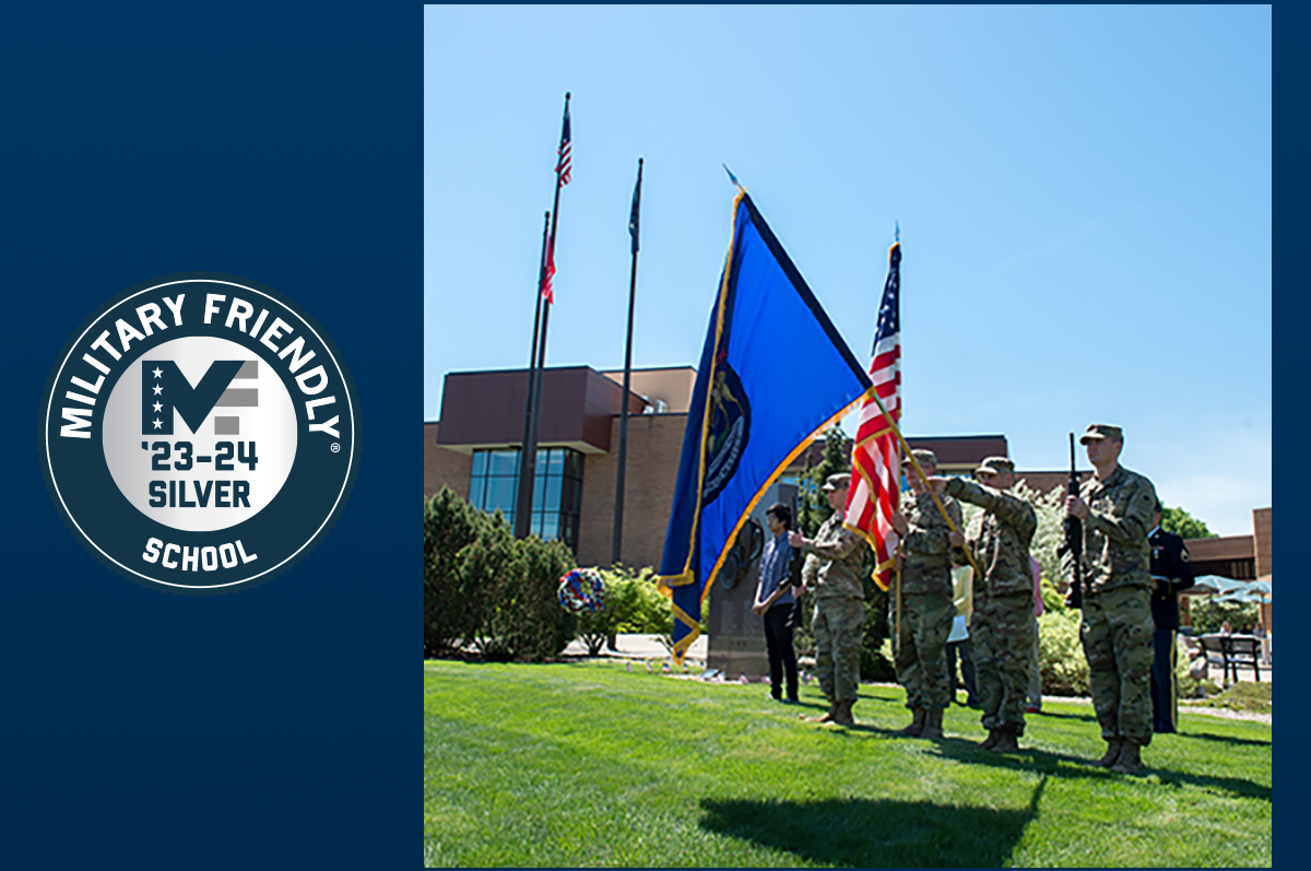 a Military Friendly badge  plus image of military personnel holding flags